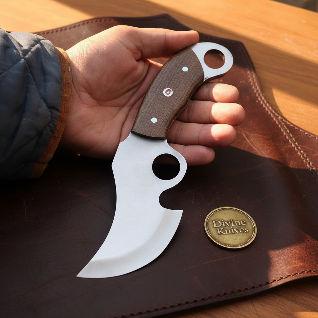 Finger Hole Caping Knife with Micarta Handle and Mirror Polished Curved Blade