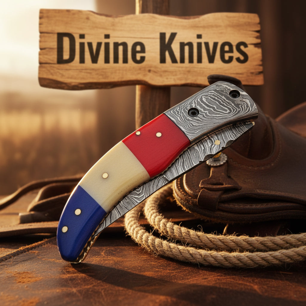 Texas Damascus Folding Knife with Wood Grain Blade and Tri-Color Handle