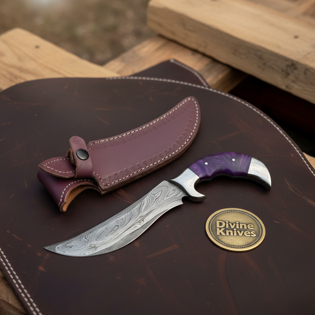 Purple Resin Handle Hunting Knife with Finger Groove Grip and Curved Forged Blade