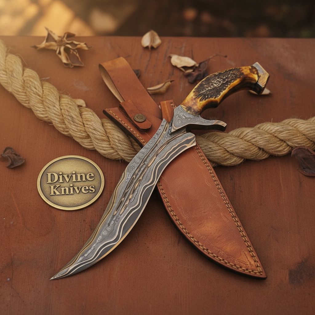 Stag Horn Trailing Point Bowie with Deep Curved Forged Blade and Leather Sheath