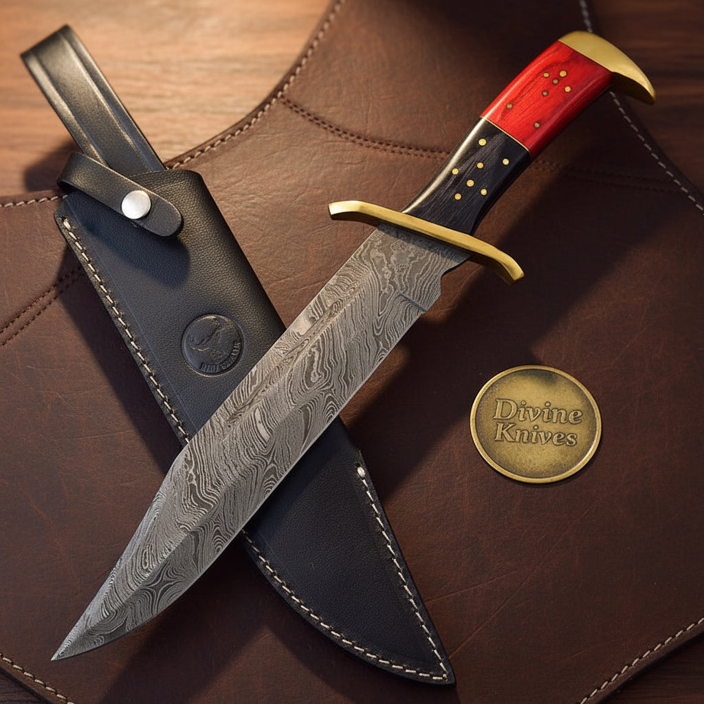 Twist Pattern Classic Bowie Knife with Red Pakkawood Handle & Brass Guard