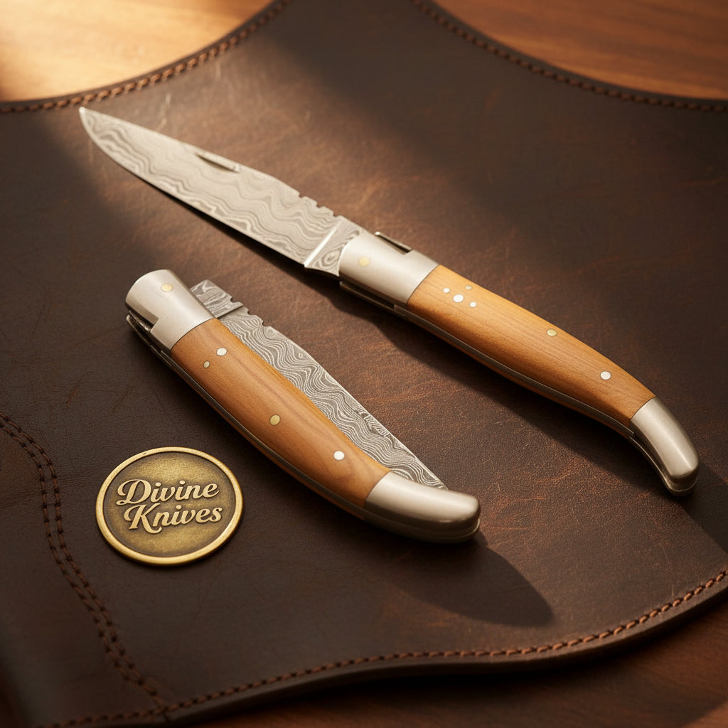Olive Wood Damascus Laguiole Folding Knife with Natural Wood Scales