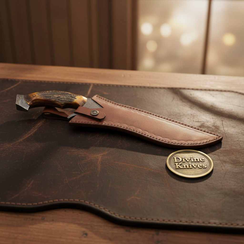 Stag Horn Trailing Point Bowie with Deep Curved Forged Blade and Leather Sheath