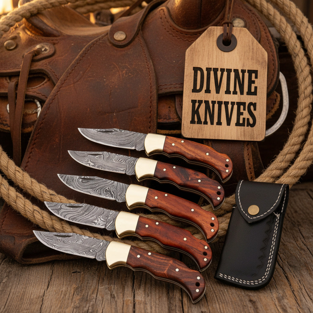 Rosewood Goldcap Lockback Set with Wood Grain Damascus Blades