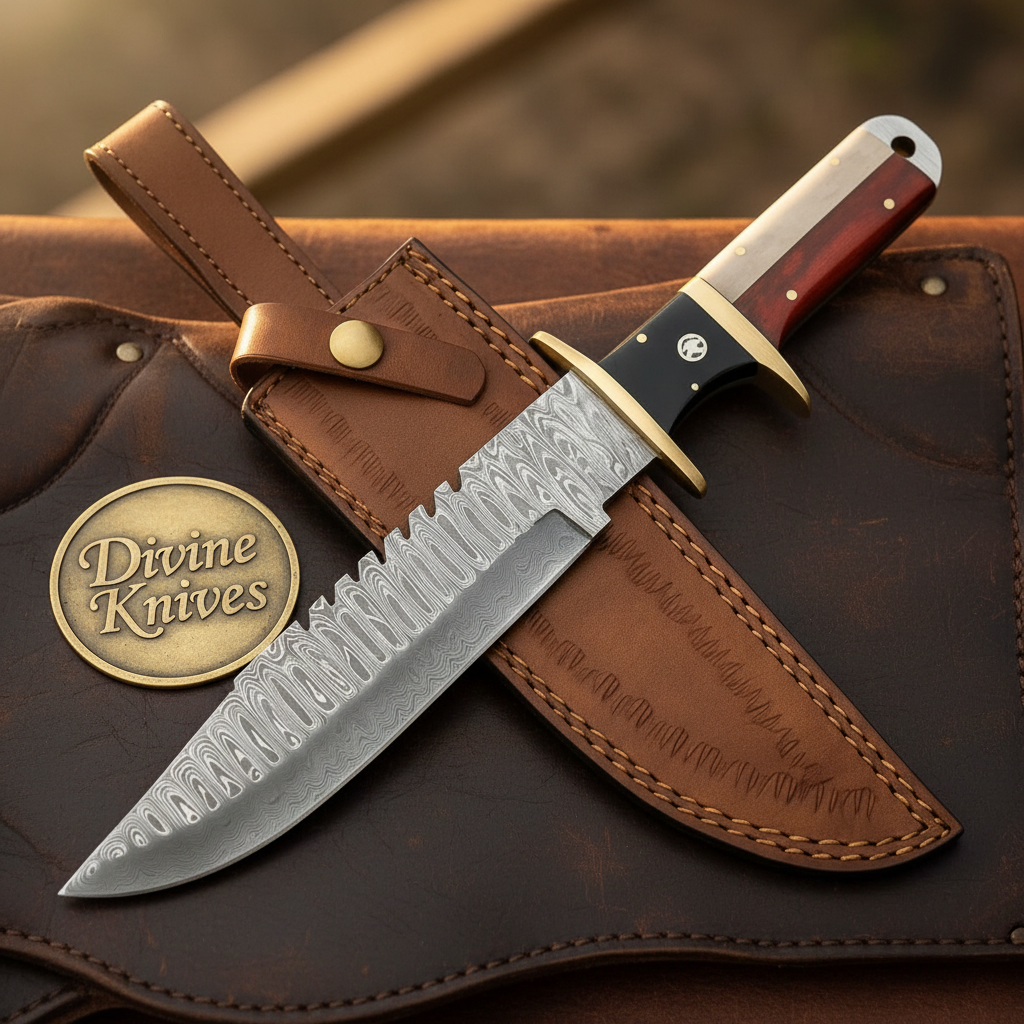 Texas Flag Sawback Sub Hilt Bowie with Damascus Blade