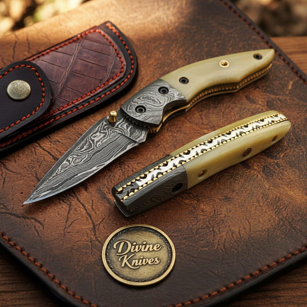 Camel Bone Damascus Spear Point Folder with Natural Bone Handle