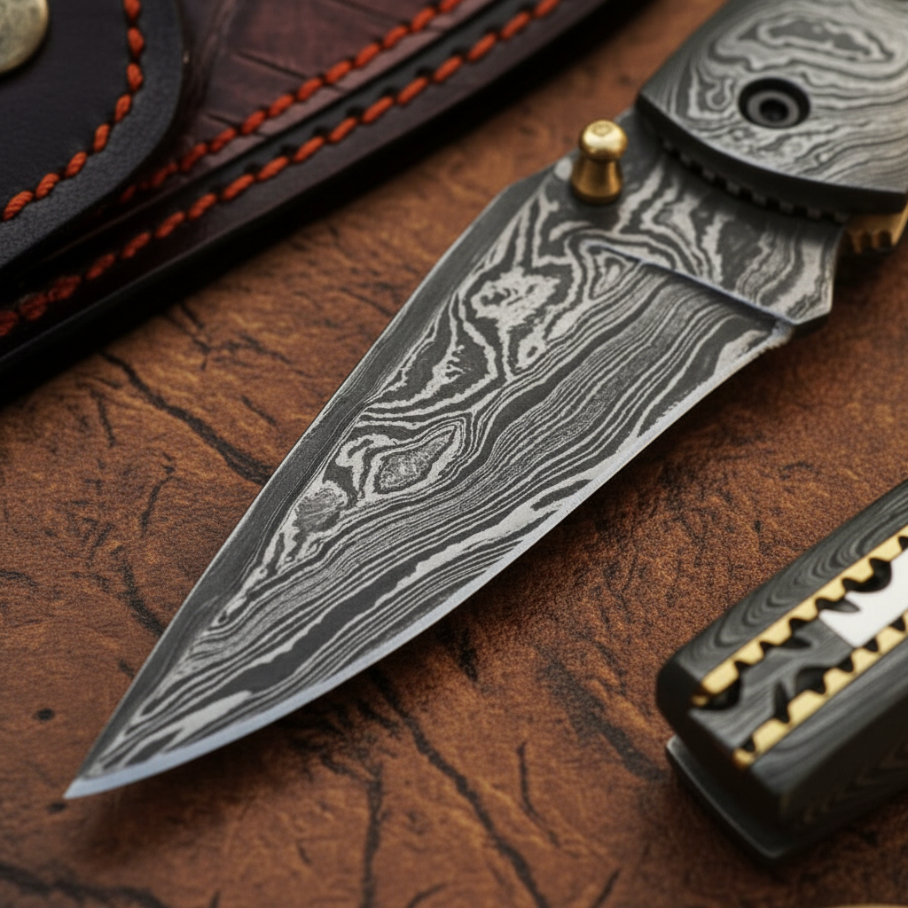 Camel Bone Damascus Spear Point Folder with Natural Bone Handle