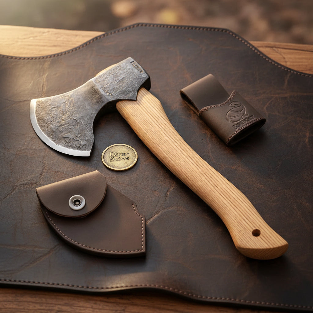 Bushcraft Carving Hatchet with Hickory Wood Handle & Leather Blade Sheath