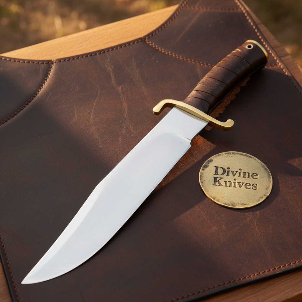 Rosewood Handle Bowie Knife with Mirror Polished Clip Point Blade & Tooled Sheath