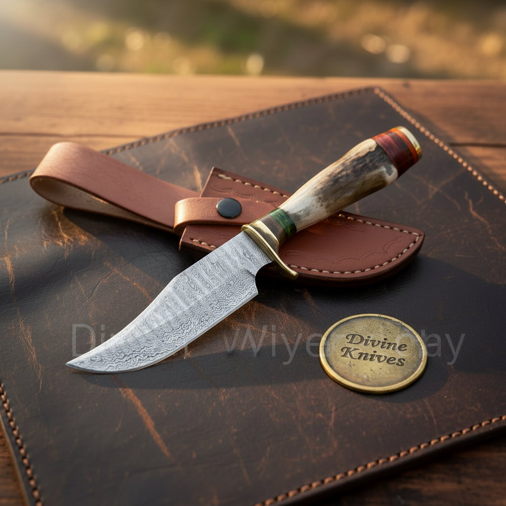 Stag Antler Skinning Knife with Hand Forged Curved Blade & Leather Belt Sheath