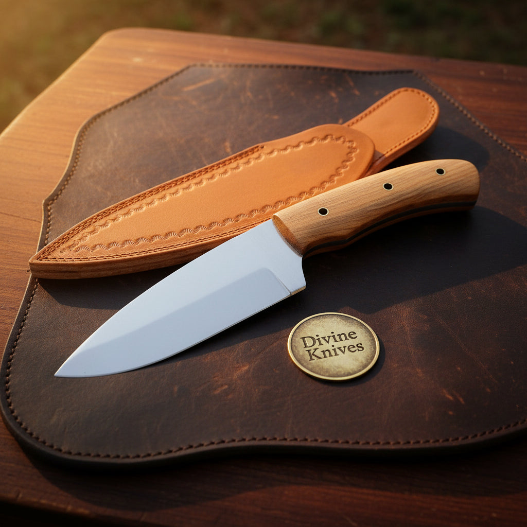 Oak Wood Drop Point Bushcraft Knife with Carbon Steel Blade
