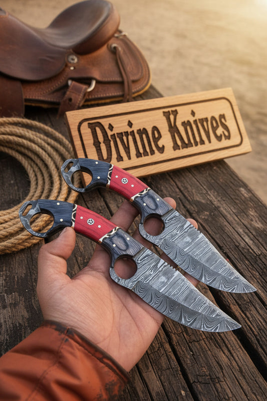 Double Ring Damascus Skinner Set with Feather Blades