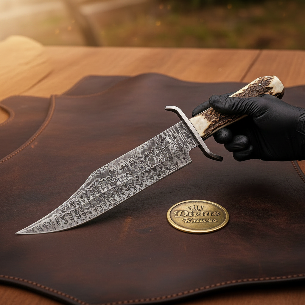 Stag Horn Damascus Clip-Point Bowie with Natural Antler Grip