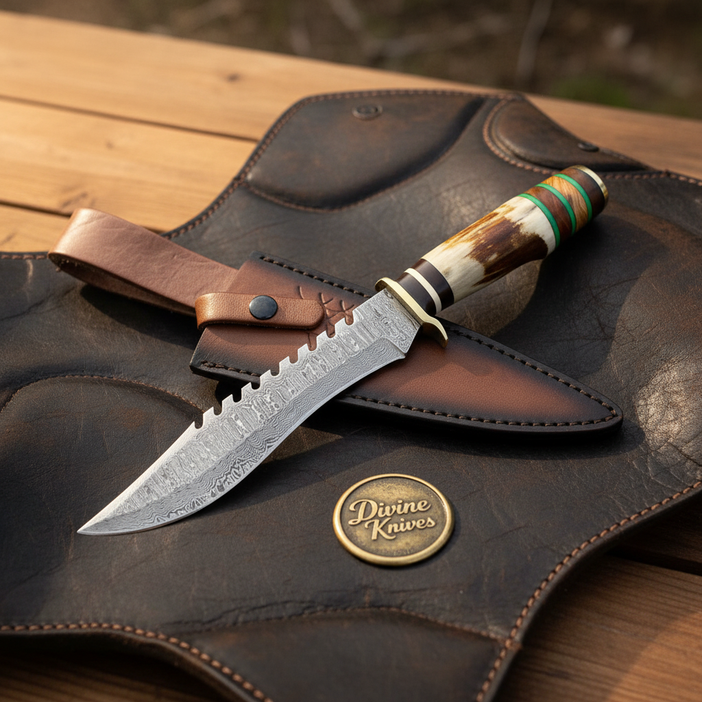 Staghorn Damascus Sawback Survival Bowie with Notched Spine for Field Work