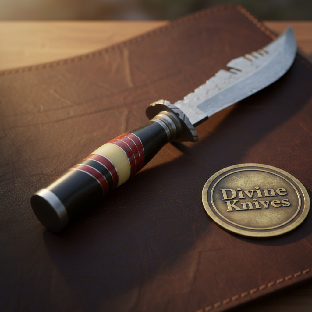 Cream and Red Spacer Handle Bowie Knife with Deep Sawtooth Spine for Camp Use
