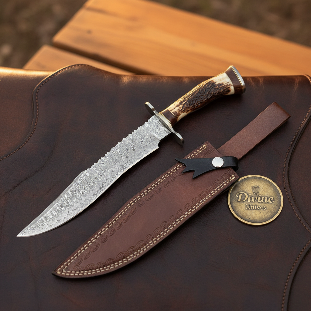 Antler Segmented Damascus Hunting Bowie with Notched Spine