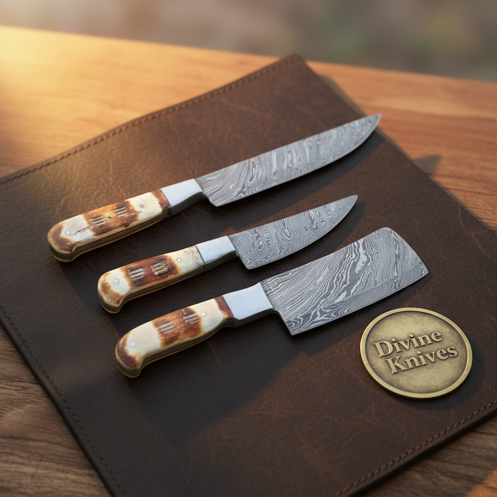Emberstag Staghorn Damascus Butcher Chef Knife Set for Whole Cut Prep
