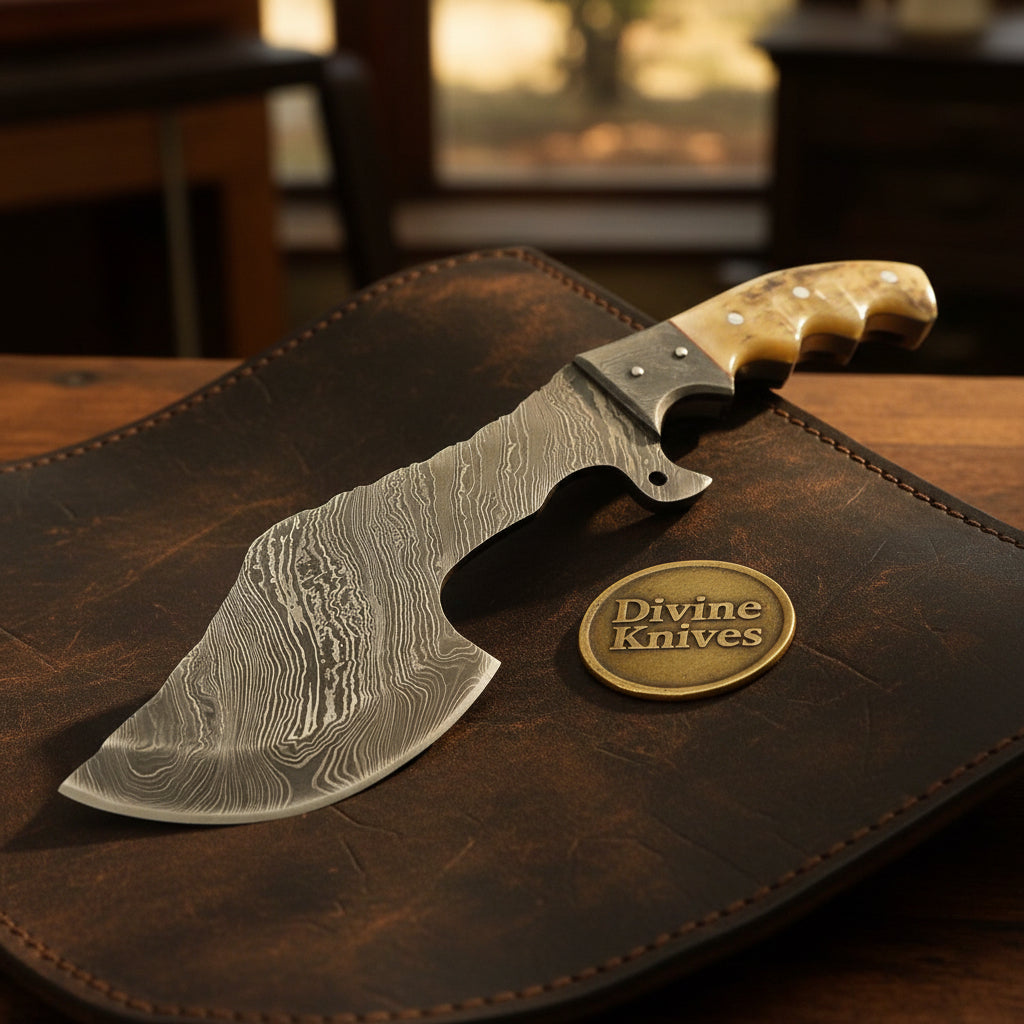 Damascus Chopper Style Hybrid Tracker with Deep Belly Blade