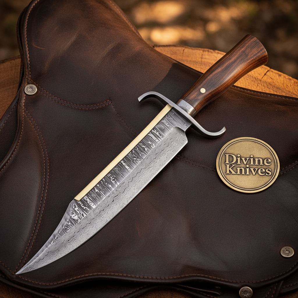 Hand Forged Frontier Bowie Knife with Rosewood Handle and Layered Clip Point Blade