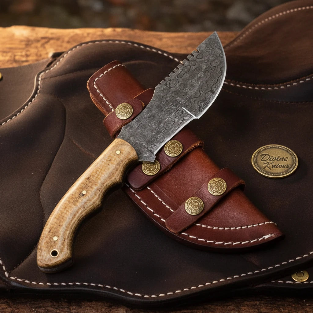 Walnut Wood Damascus Tracker Knife with Classic Grain Pattern Blade