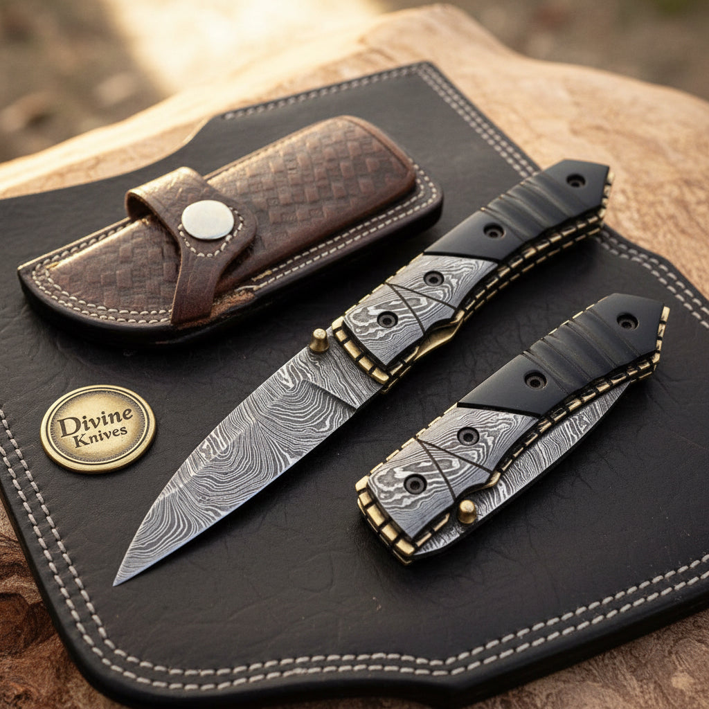 Buffalo Horn Damascus Drop Point Folder with Natural Horn Scales