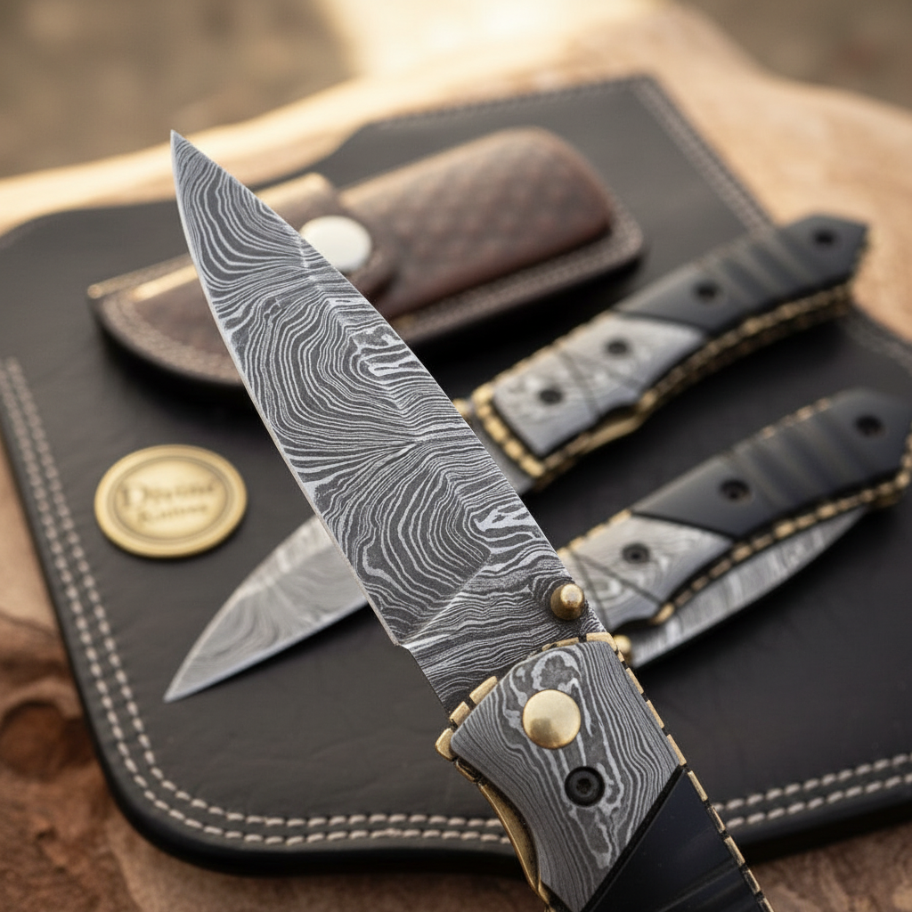 Buffalo Horn Damascus Drop Point Folder with Natural Horn Scales