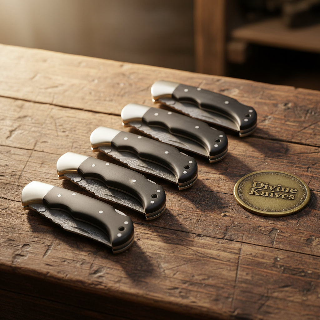 Ebony Cap Lockback Set with Six Matched Damascus Folders