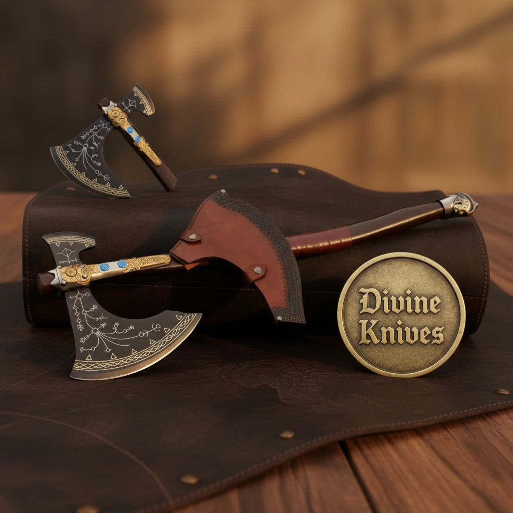 Norse Rune Etched Viking Axe with Gold Brass Bolster & Blue Stone Inlays