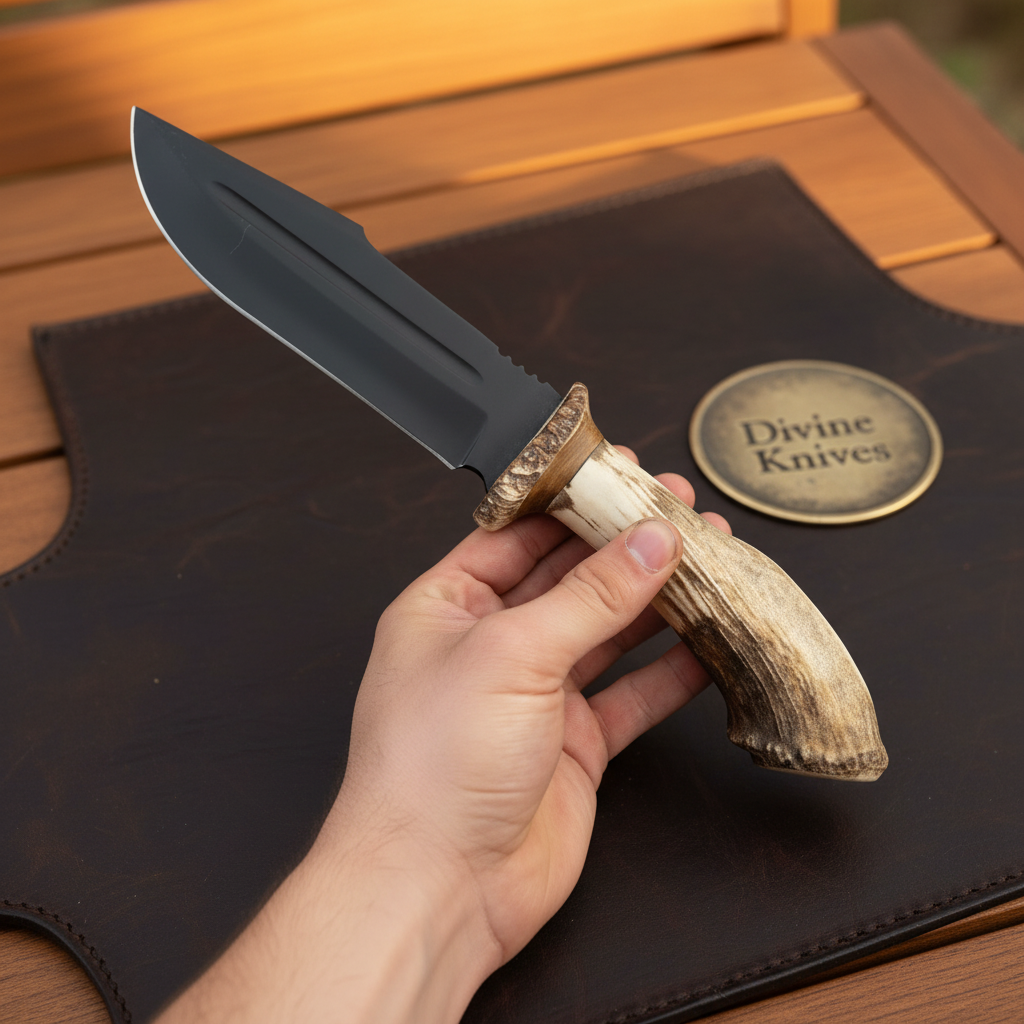 Black Coated Stag Handle Bowie Knife with Twin Fullered Blade for Outdoor Use
