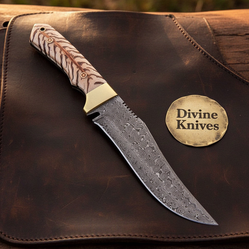 Nile Crocodile Damascus Hunting Knife with Raindrop Blade