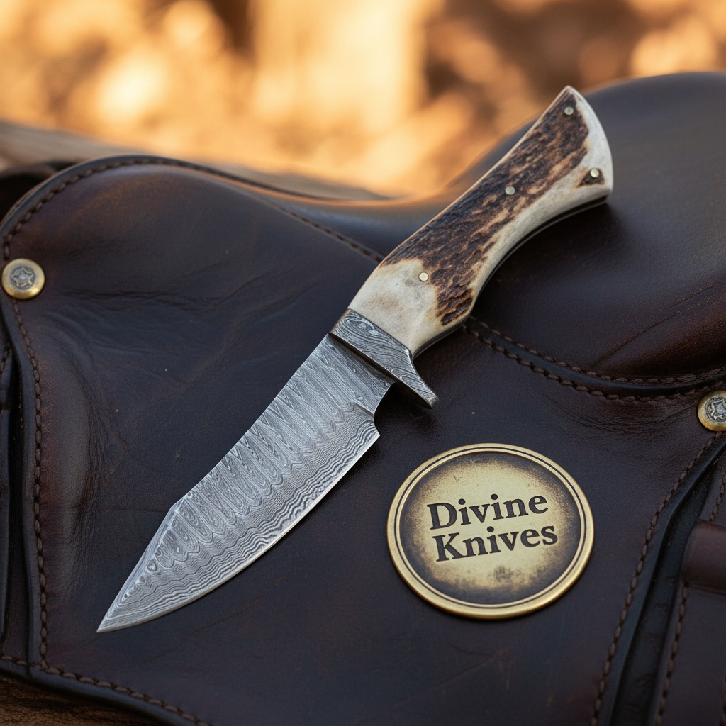 Antler Handle Bushcraft Knife with Engraved Bolster and Hand Tooled Leather Sheath