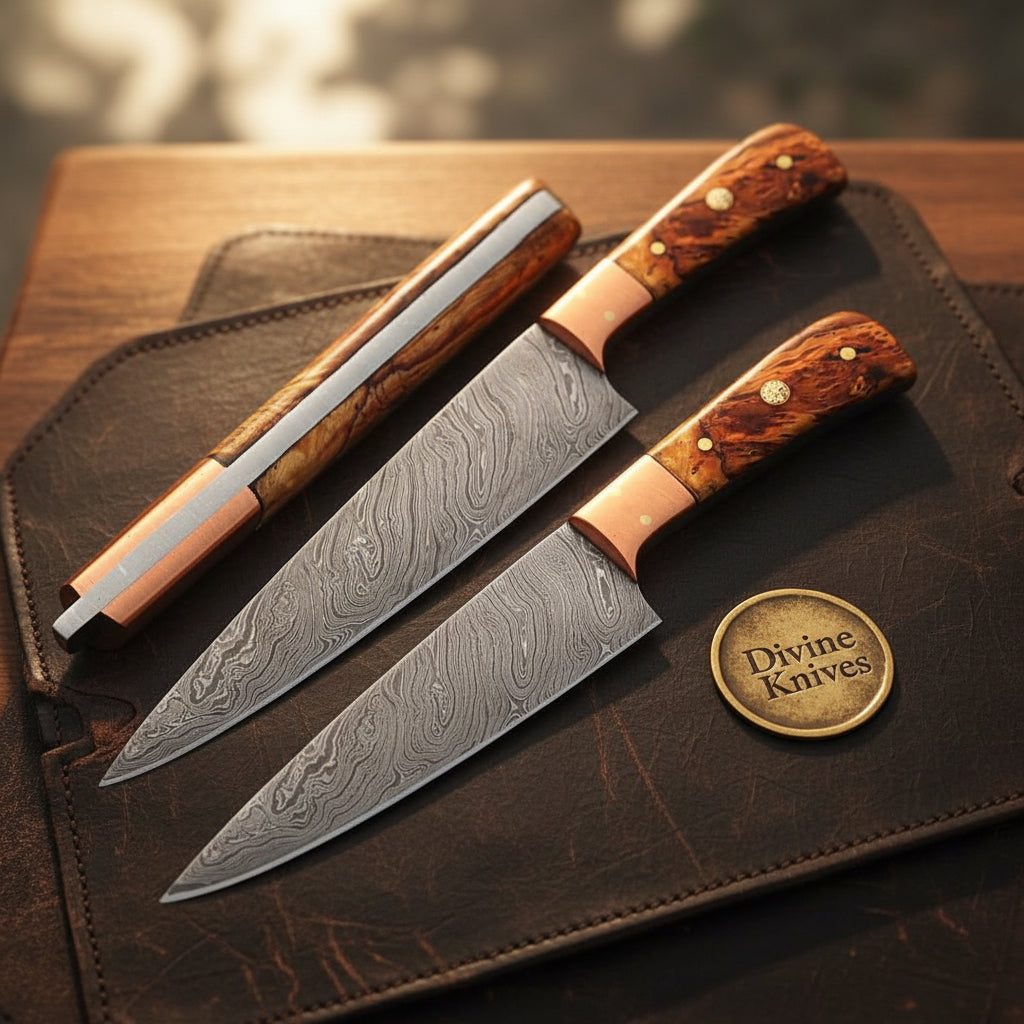 Burl Wood Damascus Kitchen Utility & Carving Knife with Copper Bolsters