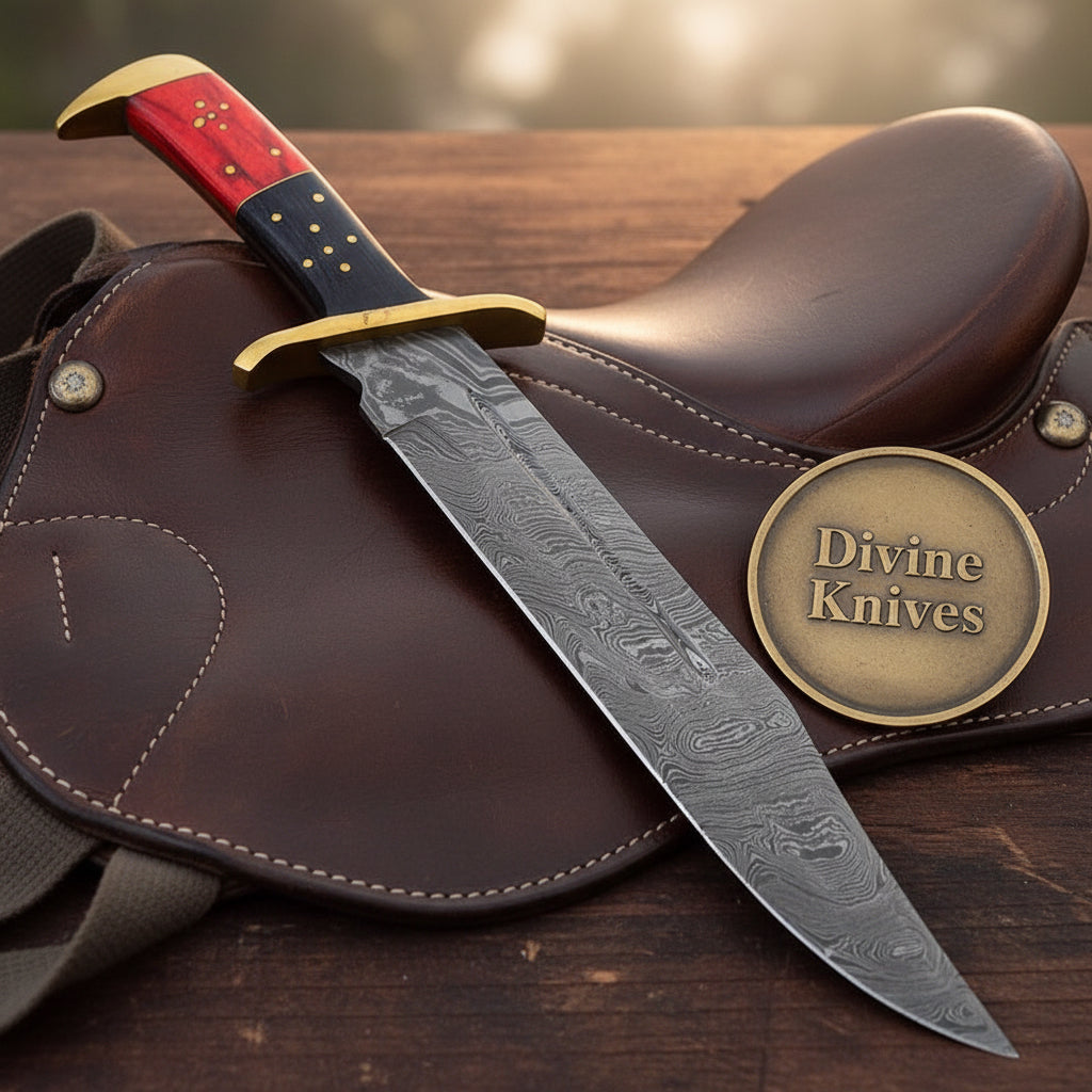 Twist Pattern Classic Bowie Knife with Red Pakkawood Handle & Brass Guard