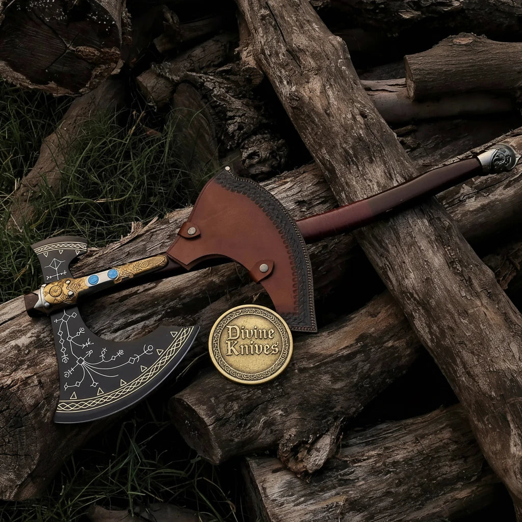 Norse Rune Etched Viking Axe with Gold Brass Bolster & Blue Stone Inlays