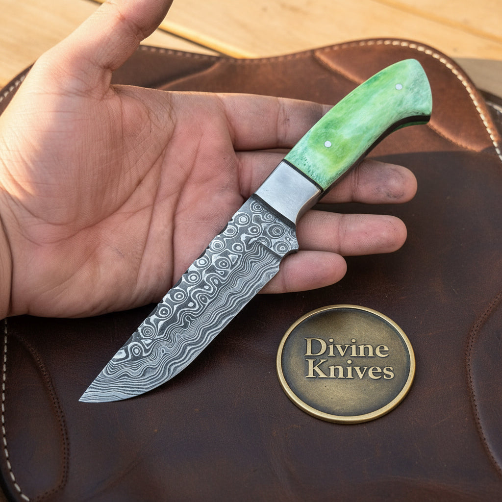 Green Damascus Drop Point Hunter with Mosaic Ricasso Pattern