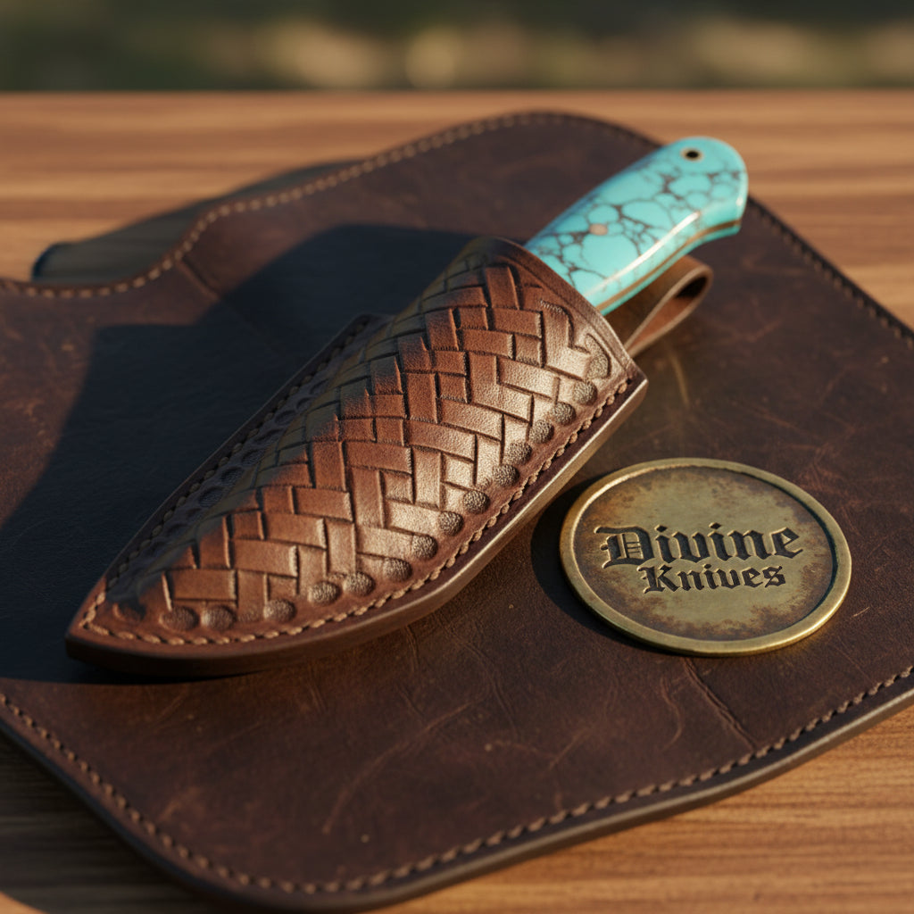 Turquoise Stone Skinner Knife with Cross-Hatch Blade for Hunters and Outdoor Users