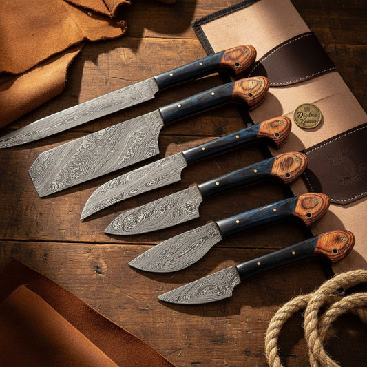 6 Piece Paddlegrip Damascus Chef's Set with Layered Wood Handles