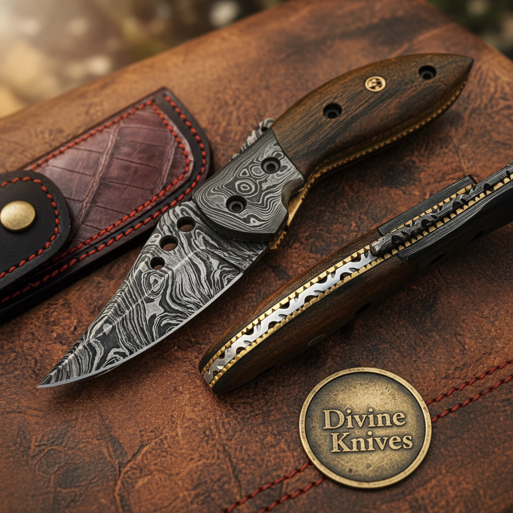 Rosewood Damascus Liner Lock Pocket Knife with Natural Grip Handle