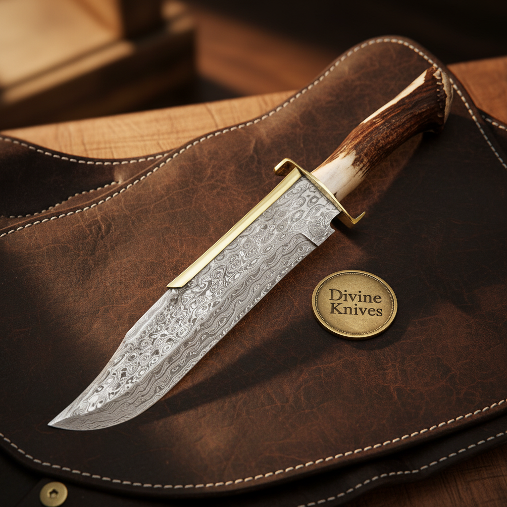 Dundee Crown Stag Damascus Bowie Knife with Natural Crown