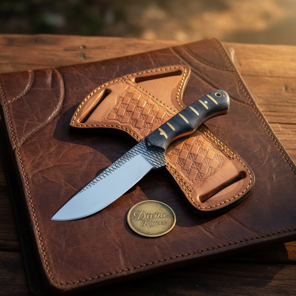 Black Infused Resin Rasp Cowboy Knife with Marbled Black Handle