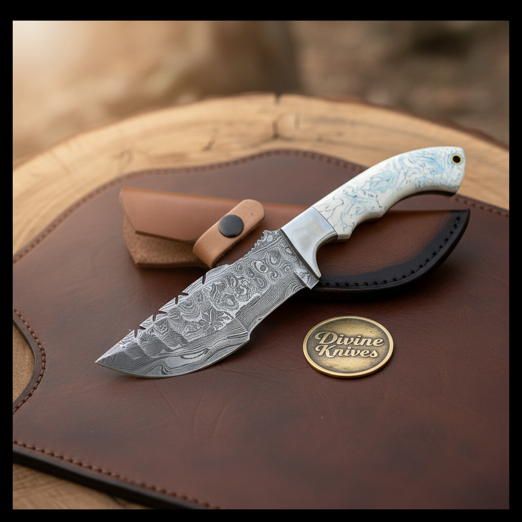 White Resin Tom Brown Tracker Knife with Damascus Blade