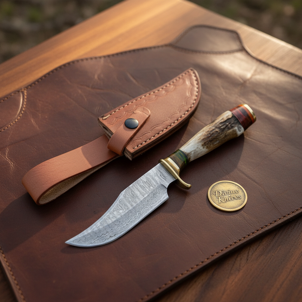Stag Antler Skinning Knife with Hand Forged Curved Blade & Leather Belt Sheath