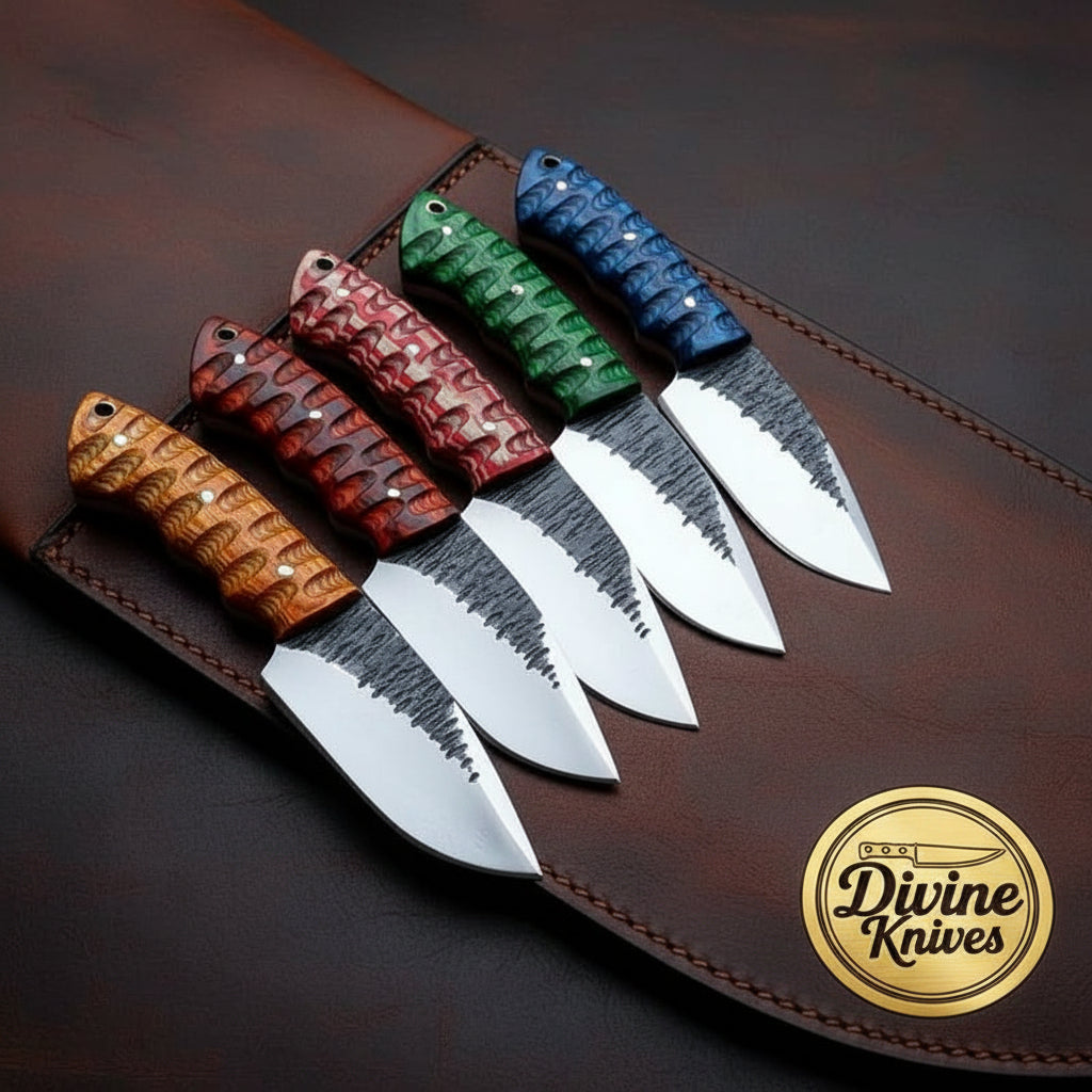 Five Piece Camping Knife Set with Coloured Pakkawood Handles and Hammer Forged Blades