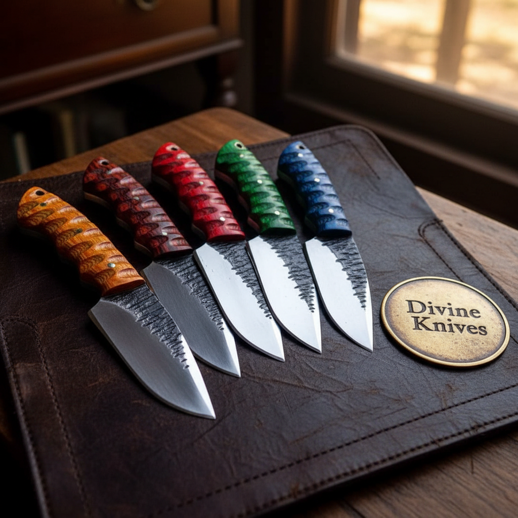 Five Piece Camping Knife Set with Coloured Pakkawood Handles and Hammer Forged Blades