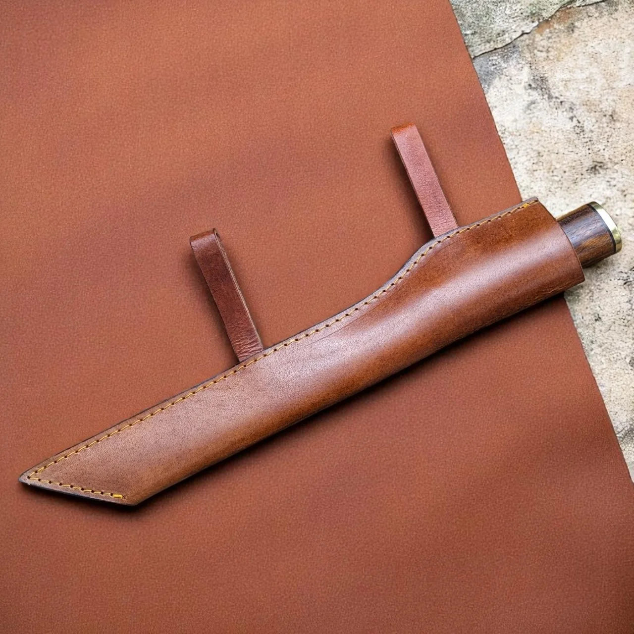 Hand-Forged Butcher Cleaver Knife with Rosewood Handle & Leather Sheath