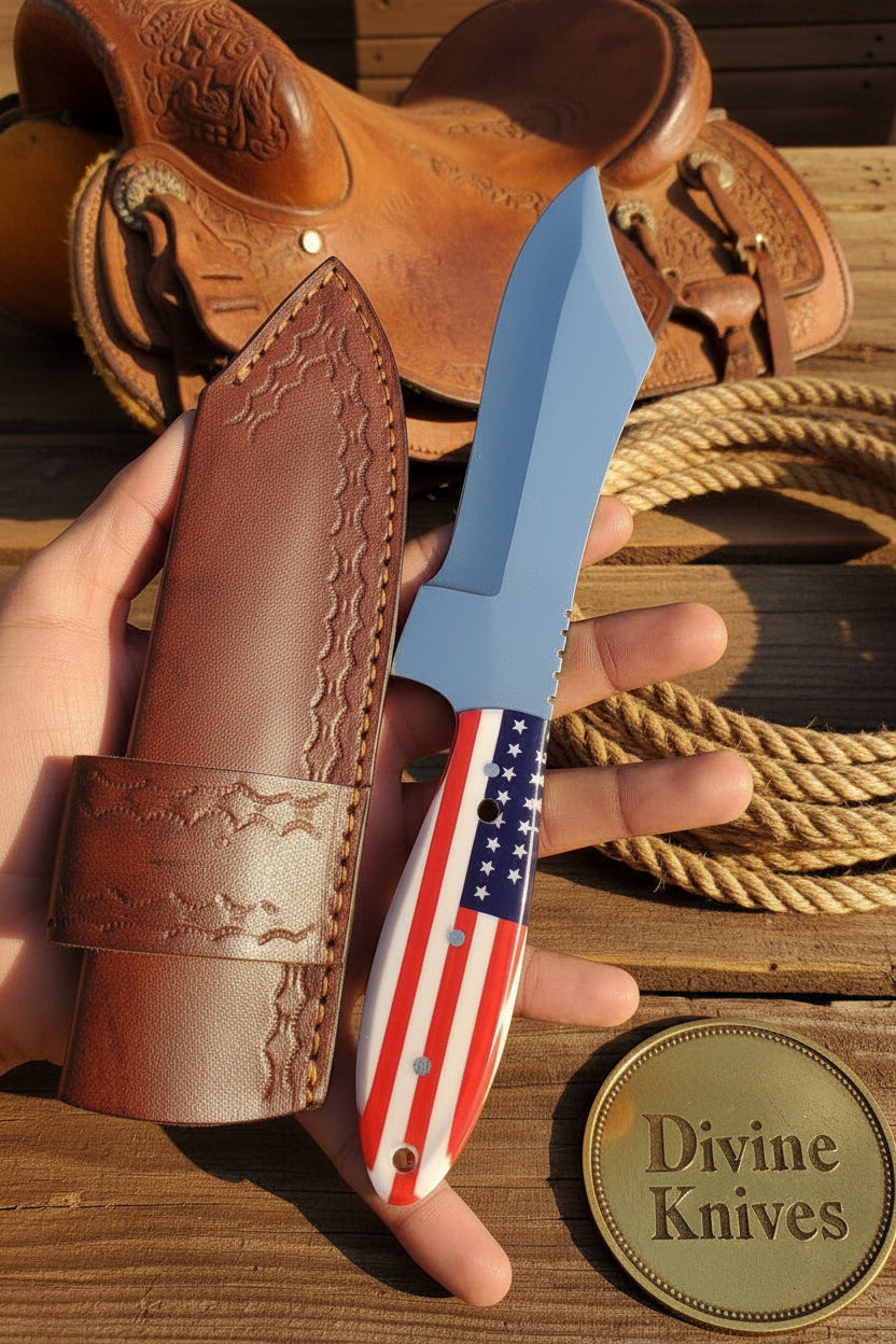 American Flag Cowboy Knife with Polished Carbon Steel Blade