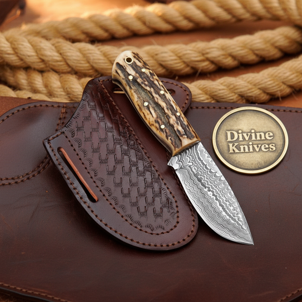 Stag Handle Ranch Skinner Knife with Forged Drop Point Blade and Basketweave Sheath