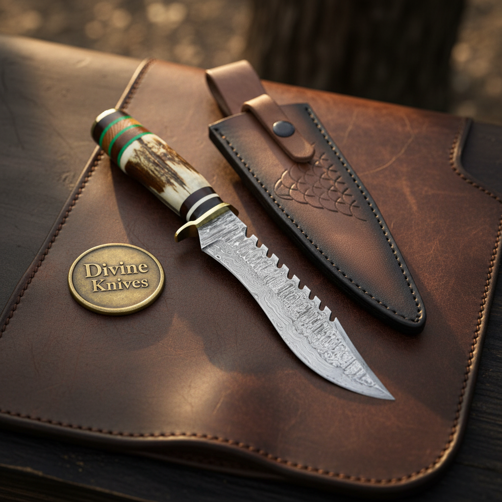 Staghorn Damascus Sawback Survival Bowie with Notched Spine for Field Work