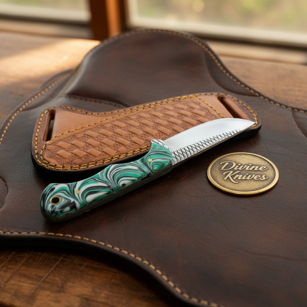 Green Swirl Resin Rasp Cowboy Knife with Clip Point Blade