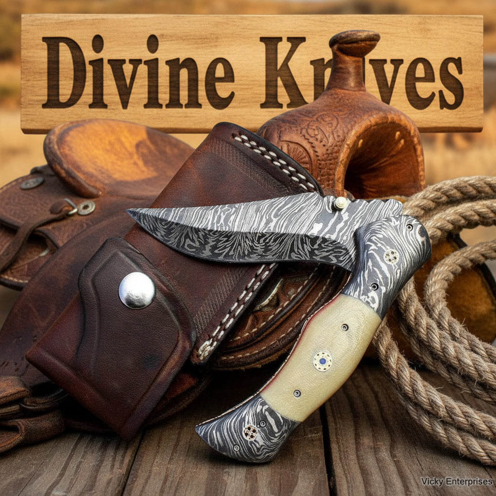 Ivory Bone Wave Damascus Folder with Wave Damascus Clip Point